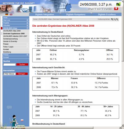 Screenshot der Zentralen Ergebnisse des (N)Onliner atlas 2008 mit weblin Publisher